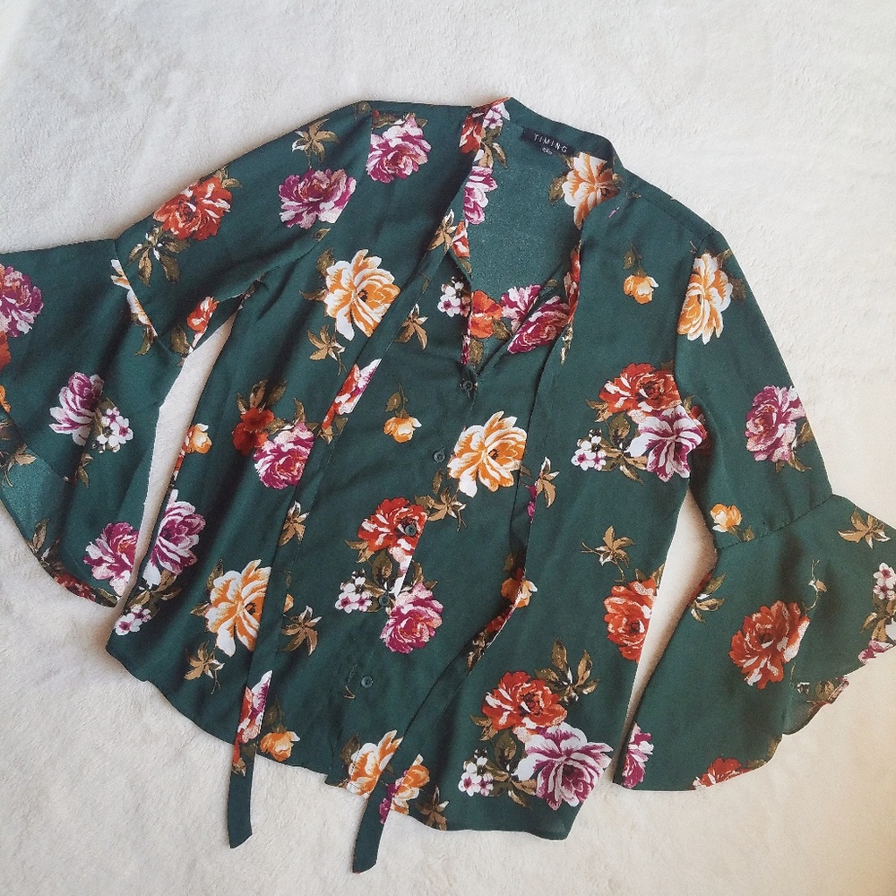 Timing Green Floral Button Up Blouse flared sleeve